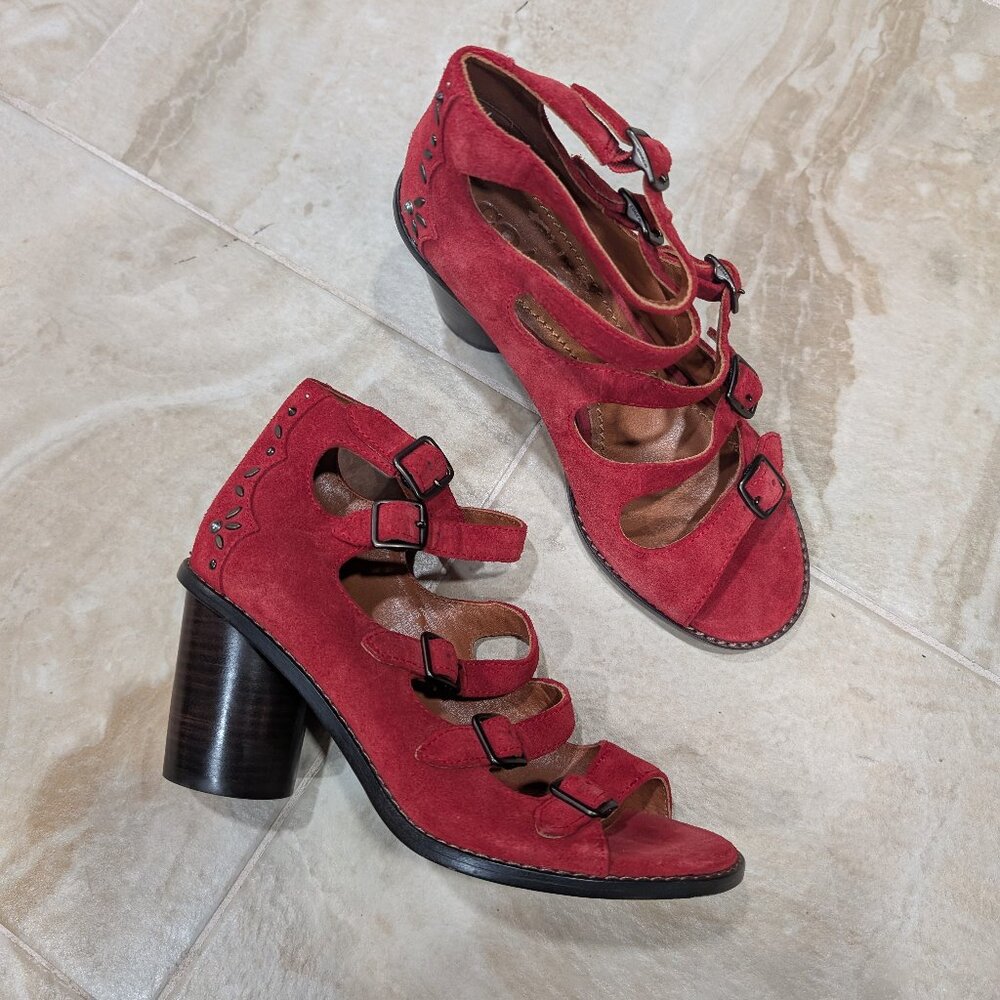 COACH Suede Red Buckle Booties Sandals Heels Women's 7